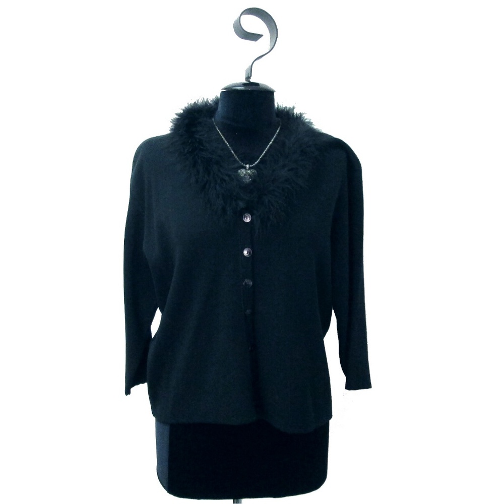 Black Stretch Cardigan Ermine Collar Size XL